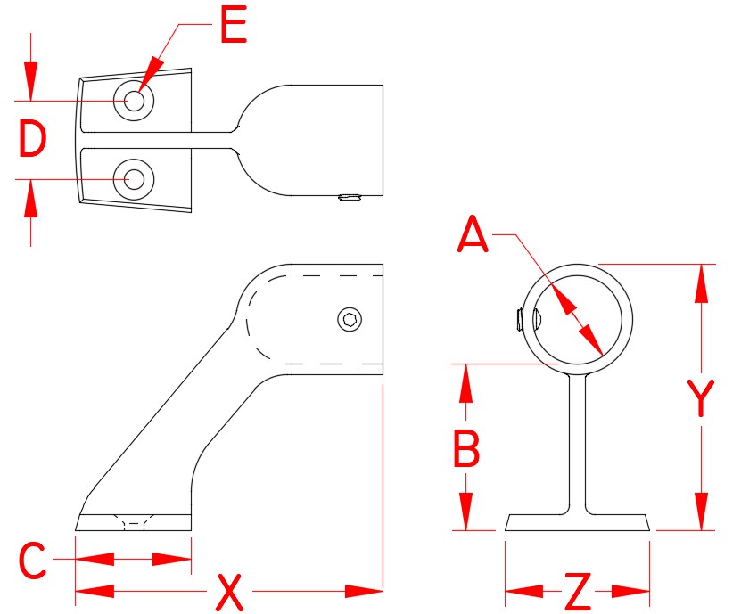 Stainless Steel Rail Stanchion End, Railing and Bimini, S3673-0600, Line Drawing